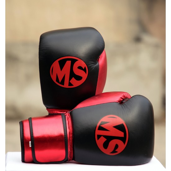 Metallic Red and Black Leather Boxing Gloves