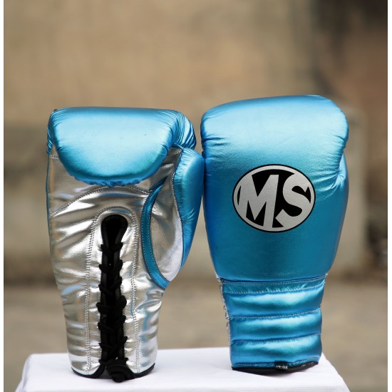 Metallic Sky Blue and Silver Leather Boxing Gloves