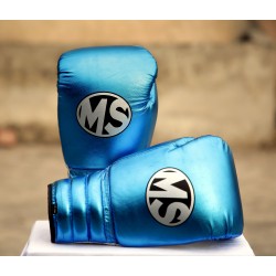 Metallic Sky Blue and Silver Leather Boxing Gloves