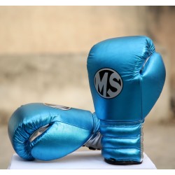 Metallic Sky Blue and Silver Leather Boxing Gloves