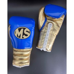 Blue Gold Metallic Fighting Leather Boxing Gloves 12oz