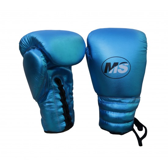 MASSEE Hook and Loop Leather Training Boxing Gloves - 14 oz - Blue Metallic