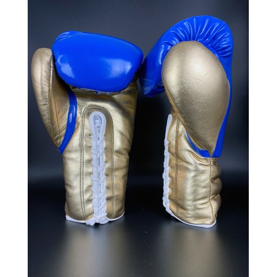 Blue Gold Metallic Fighting Leather Boxing Gloves 12oz