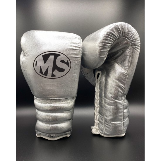 Silver Metallic Fighting Leather Boxing Gloves 12oz, 14oz, 16oz