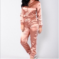 Wholesale Peach Color women Silk Satin Tracksuit Sweat suit sexy athletic track suit