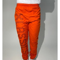 Orange Sweat Pant Jogger big embroidery on right leg Microfiber trouser 