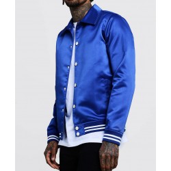 Collared Blue Color Satin Bomber jacket  