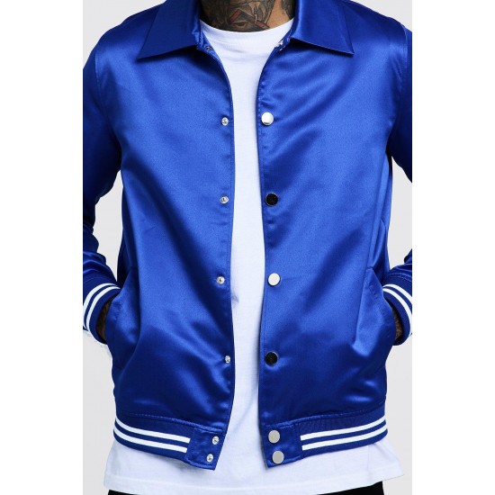Collared Blue Color Satin Bomber jacket  