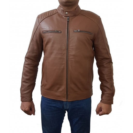 Light Brown Fashion Cow Sheep Hide Leather Jacket 