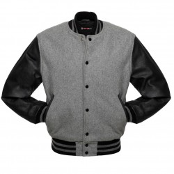 Grey and Black Leather Sleeves Varsity Jacket Baseball Letterman Bomber Jacket 