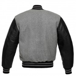 Grey and Black Leather Sleeves Varsity Jacket Baseball Letterman Bomber Jacket 