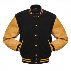 Black and Yellow Premium Quality Leather Sleeves Varsity Letterman Jacket 