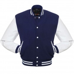 Navy Varsity Jacket with White Leather Sleeves 