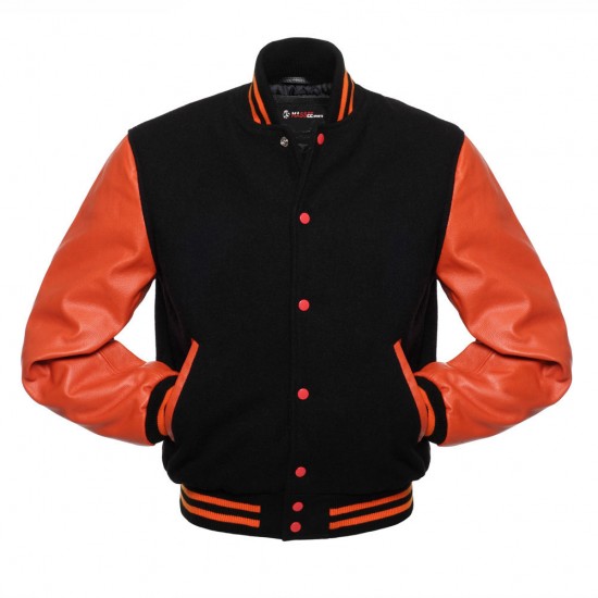 Black and Orange Leather Sleeves Varsity Jacket College Jacket 