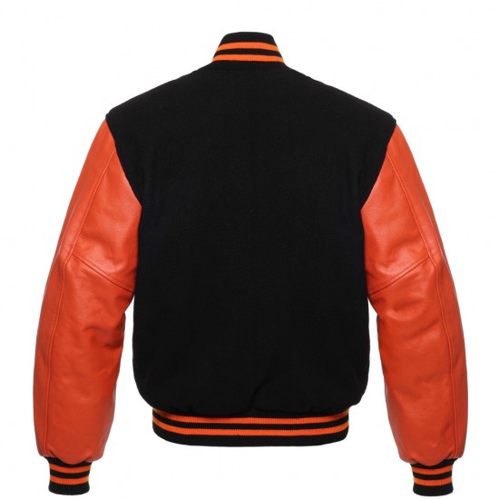 Black and Orange Leather Sleeves Varsity Jacket College Jacket 