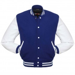 Royal Blue Varsity Jacket with White Leather Sleeves 