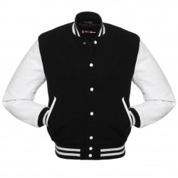 Black and White College Baseball Leather Sleeves Letterman Varsity Jacket 