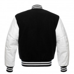 Black and White College Baseball Leather Sleeves Letterman Varsity Jacket 