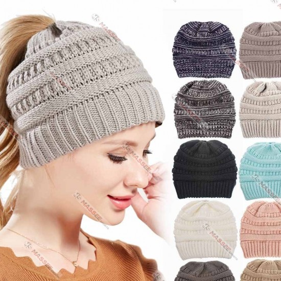 Wholesale New Fashion Ponytail Beanie Hat Casual Knitted Cap Women Messy Bun Hats