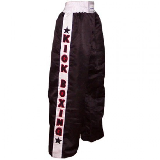 Kick boxing Trouser Training Pants Black with 2 white stripes satin Adult 